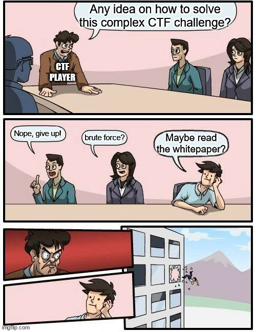  Board meeting meme where someone proposing to read a whitepaper to solve a challenge gets yeeted out of the building. 