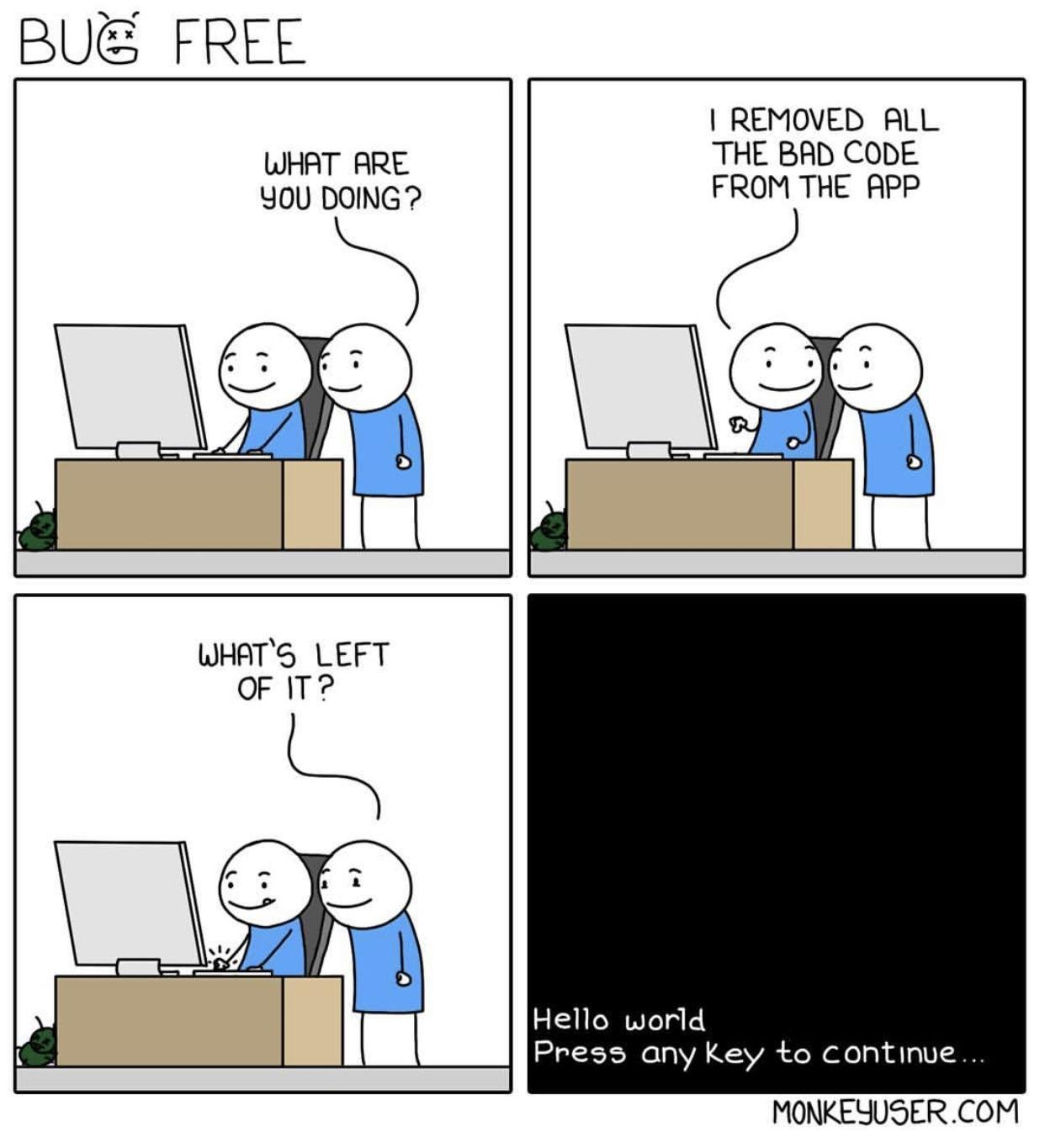  Meme where removing all of the code from the app lead to a HelloWorld Terminal application 