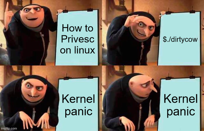  The key to privesc is to run dirtycow, and then the kernel crashes